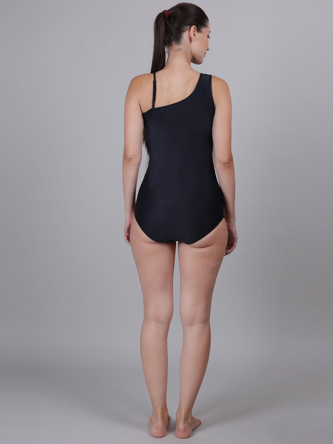 MEGASKA One Shoulder One Piece Swimsuits Full Coverage Cutout Mesh Swimming Costume Tummy Control Monokini Swimwear for Women_Black