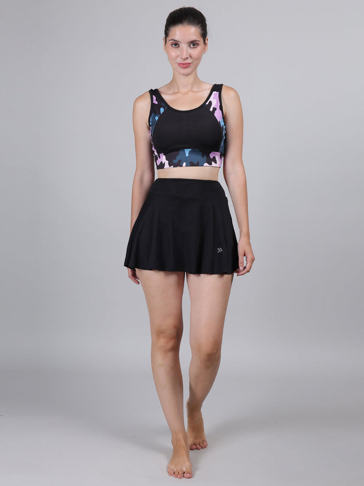 High Waisted  Two Piece Bikini Set Camouflage Print Removable Padded Swim Top & Skirt with Boy Leg Shorts