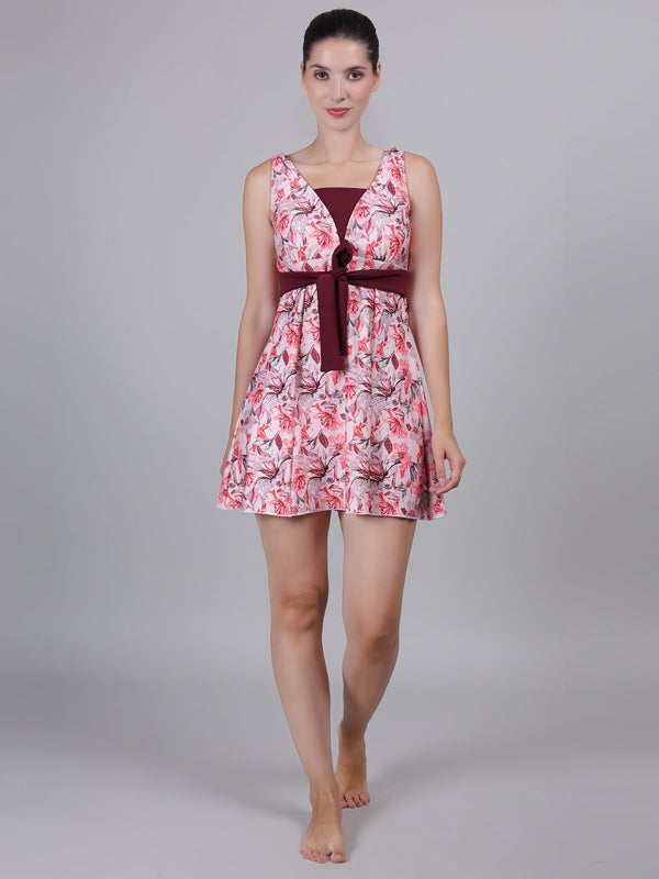 MEGASKA MEGASKA Women Printed Front Knot Adjustable belt Frock Style Padded One Piece Swimming Costume_PeachWine Swimwears | High-Quality Activewear