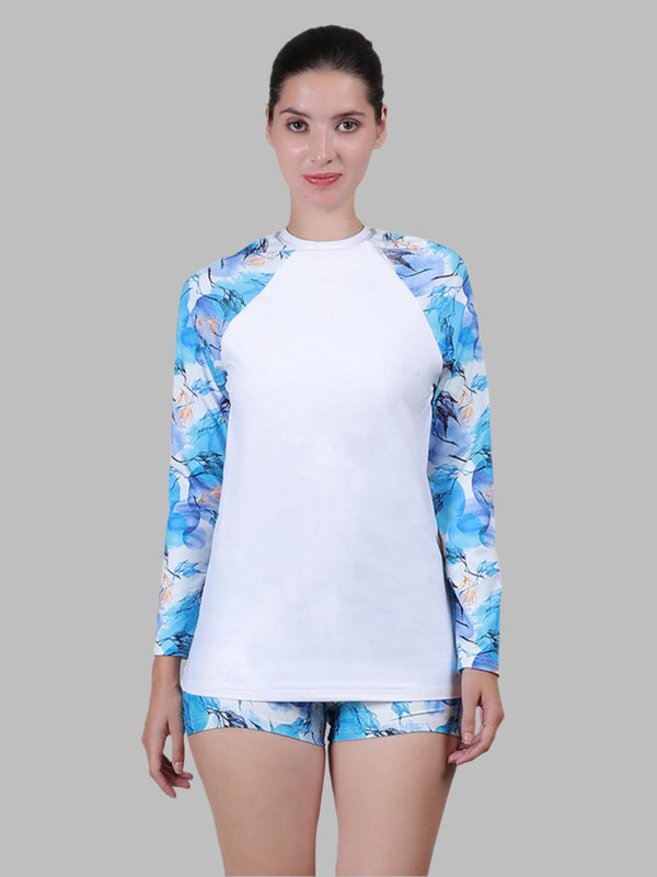 MEGASKA MEGASKA Women Two Piece Rash Guard Padded Long Sleeve Swimsuits Swim Shirt Bathing Suit with Boyshort Bottom_BlueRingWhite Swimwears | High-Quality Activewear