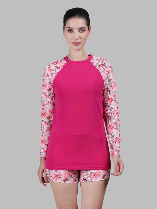 MEGASKA MEGASKA Women Two Piece Rash Guard Padded Long Sleeve Swimsuits Swim Shirt Bathing Suit with Boyshort Bottom_PinkFloralPink Swimwears | High-Quality Activewear