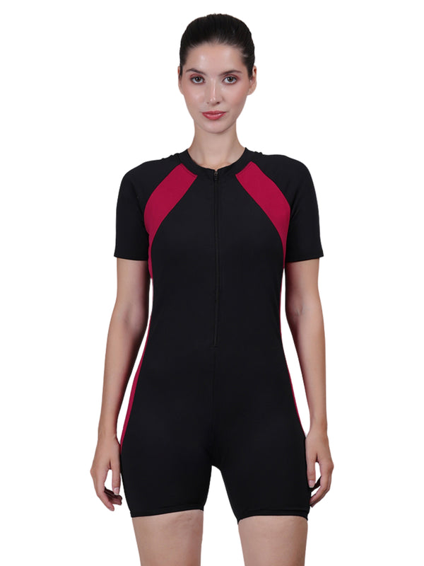 MEGASKA Women One Piece Zipper Short Sleeve Removable Pads Sun Protection Surf Rashguard Boyleg Swimsuit Bathing Suits Swimwear_BlackPink