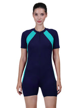 One Piece Zipper Short Sleeve Removable Pads Rashguard Boyleg Swimsuit