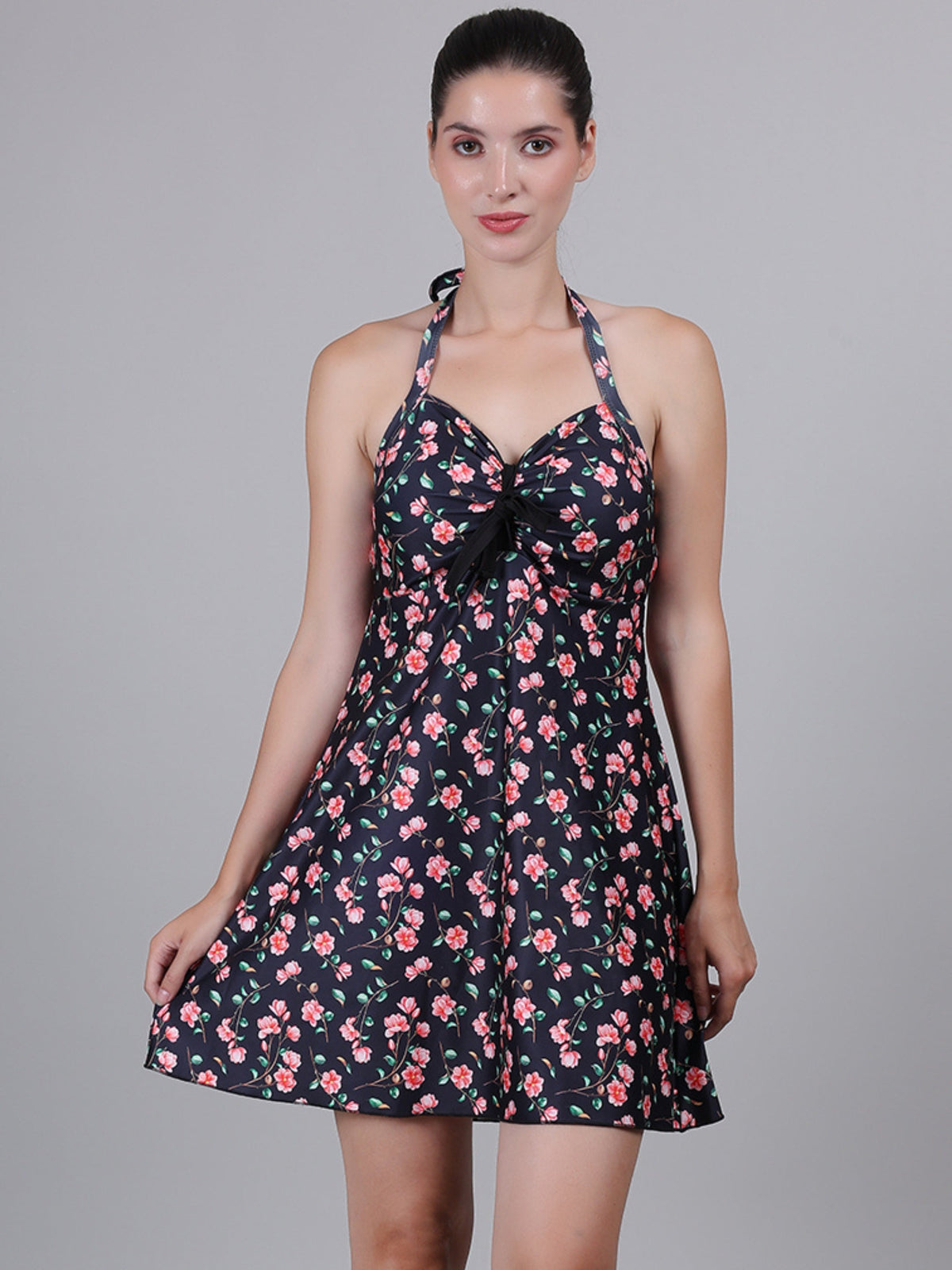 MEGASKA MEGASKA Women Sailor Pin Up Swimsuit Retro One Piece Halter Neck with Inner Shorts Padded Swimdress Swimming Costume Swimwear_BlackFloral Swimwears | High-Quality Activewear