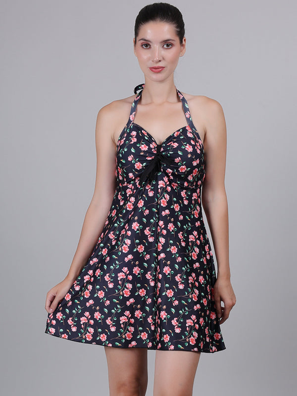 MEGASKA MEGASKA Women Sailor Pin Up Swimsuit Retro One Piece Halter Neck with Inner Shorts Padded Swimdress Swimming Costume Swimwear_BlackFloral Swimwears | High-Quality Activewear