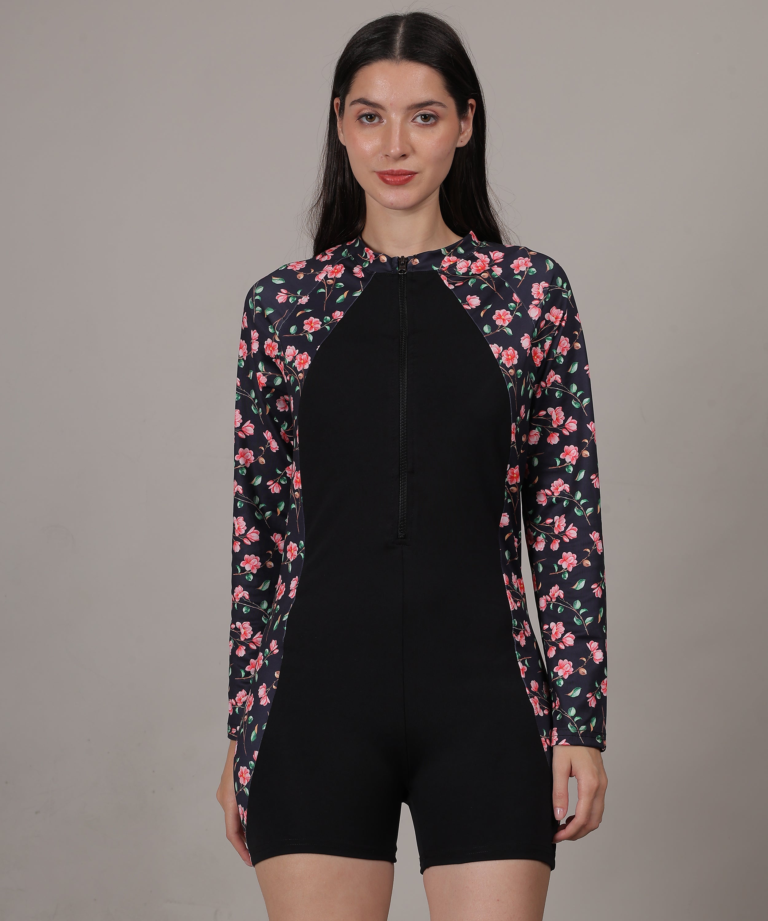 MEGASKA Long Sleeve One Piece Padded swimming costume Rash Guard Swimsuit Romper Surfing Swimwear Beach Swimming suit for Women_BlackFloralBlack
