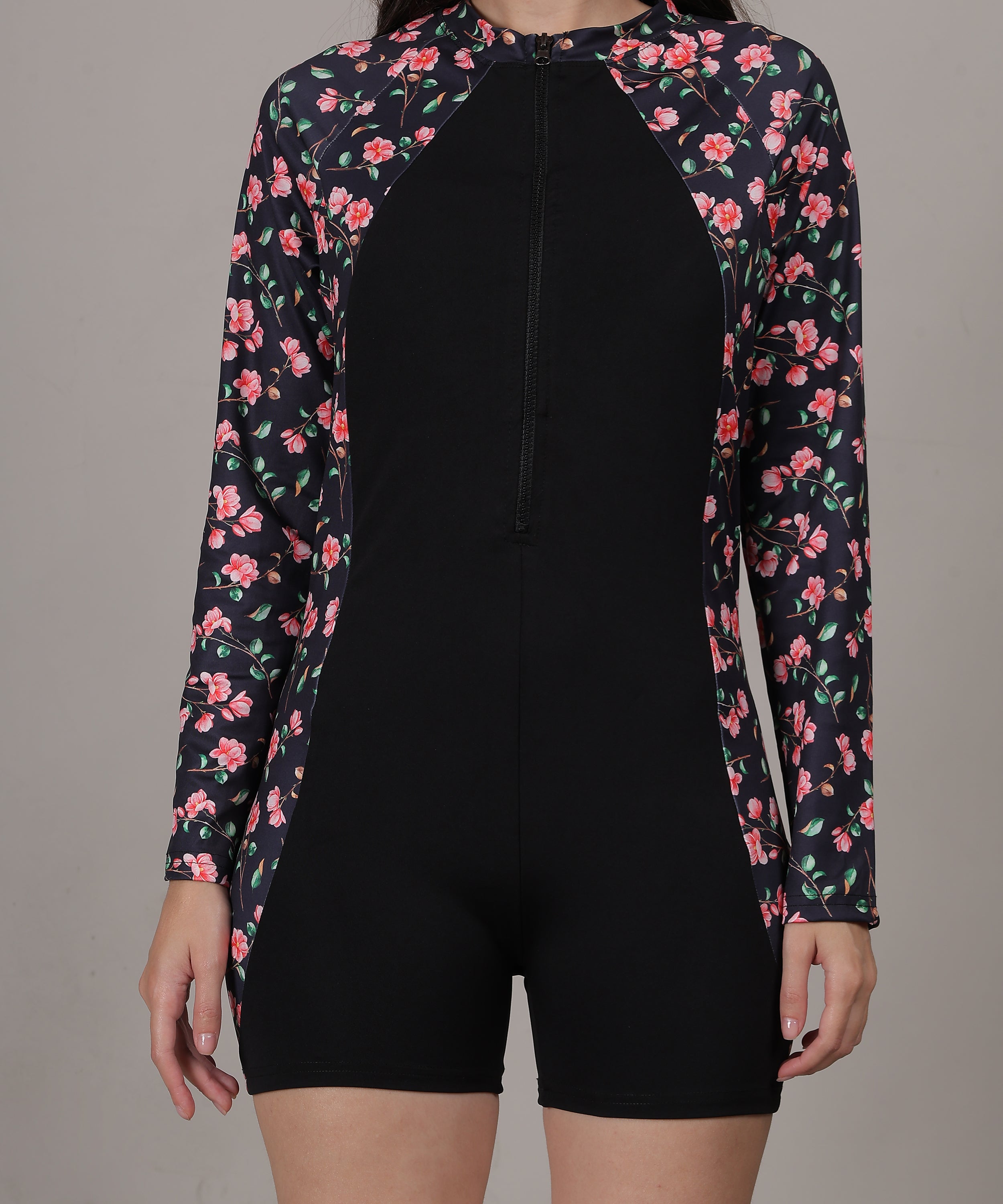 MEGASKA Long Sleeve One Piece Padded swimming costume Rash Guard Swimsuit Romper Surfing Swimwear Beach Swimming suit for Women_BlackFloralBlack