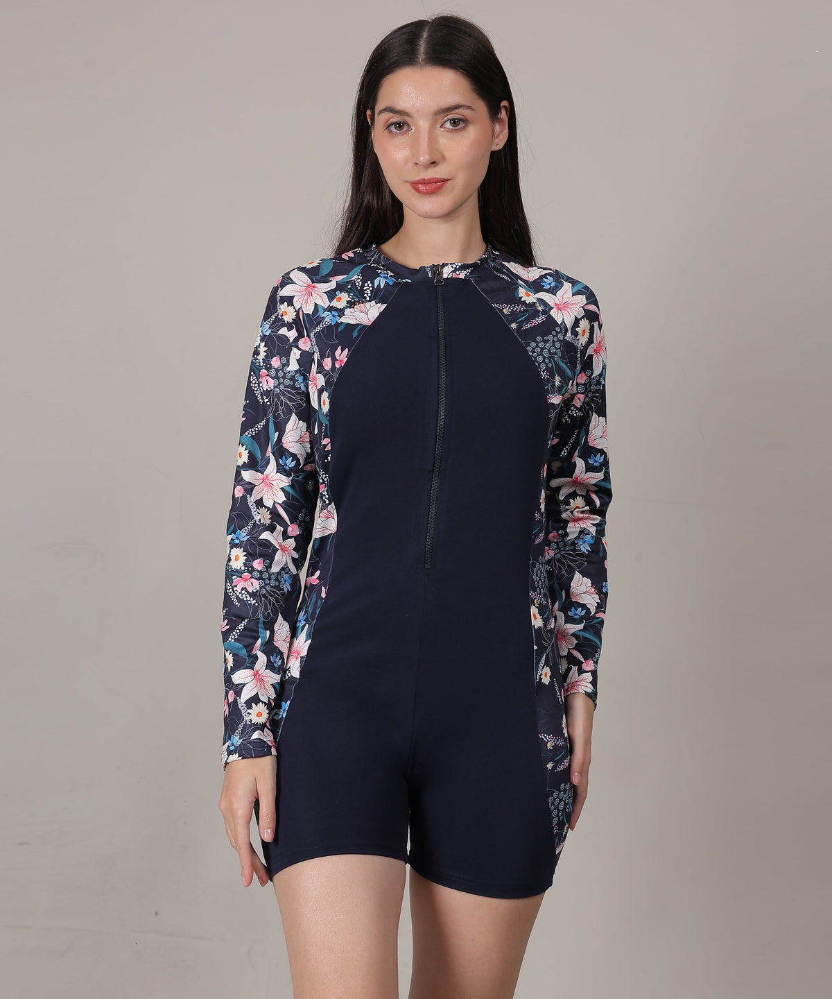 MEGASKA MEGASKA Long Sleeve One Piece Padded swimming costume Rash Guard Swimsuit Romper Surfing Swimwear Beach Swimming suit for Women_NavyFloralNavy Swimwears | High-Quality Activewear