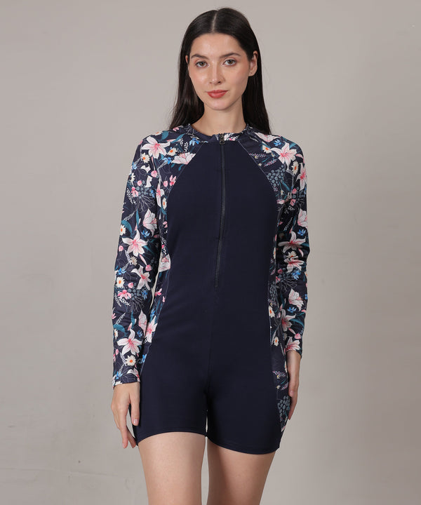 MEGASKA MEGASKA Long Sleeve One Piece Padded swimming costume Rash Guard Swimsuit Romper Surfing Swimwear Beach Swimming suit for Women_NavyFloralNavy Swimwears | High-Quality Activewear