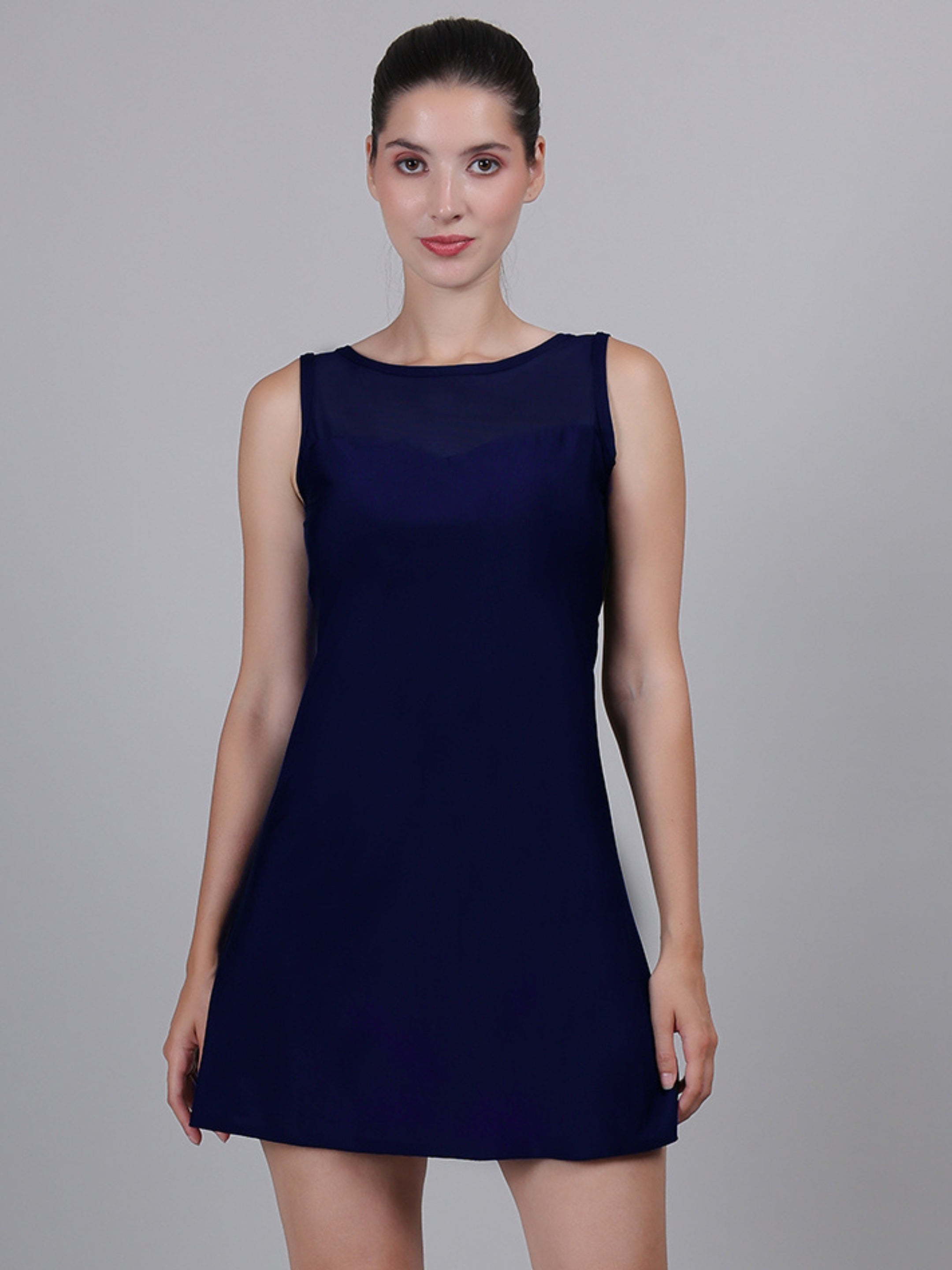 MEGASKA Tummy Control One Piece swimming costume with Removable Chest Pads Attached Inner Short Vintage Frock Style Swimsuit Swimwear for Women_Navy