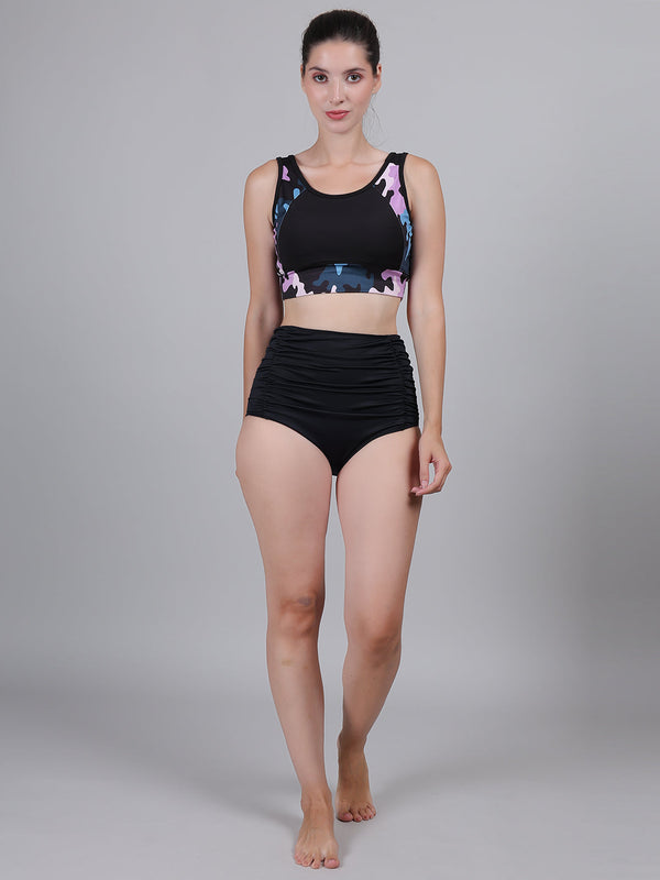 MEGASKA MEGASKA Women High Waisted Bikini Sets Sporty Two Piece Camouflage Print Removable Padded Swim Top Ruched Tummy Control Vintage Bottom Swimwear Shorts Bathing Swim Set Swimsuit | High-Quality Activewear