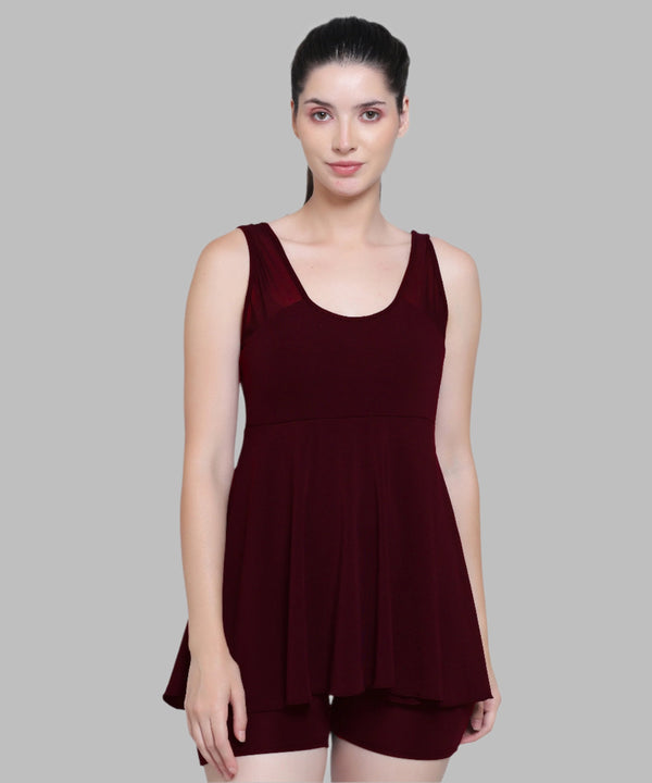 MEGASKA Megaska Lycra Frock Style Short Attached Padded One Piece Swimming Costume_Wine Swimwears | High-Quality Activewear