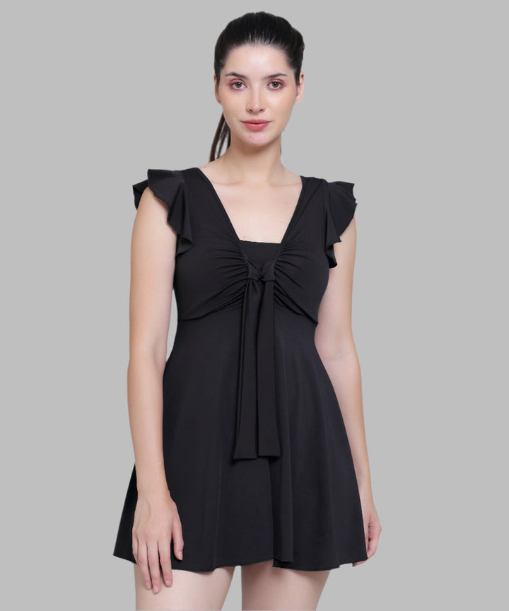 Block Color Lycra Front Tie Knot Ruched Frock Style Padded One Piece Swim Dress