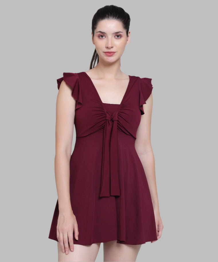 Block Color Lycra Front Tie Knot Ruched Frock Style Padded One Piece Swim Dress - Wine
