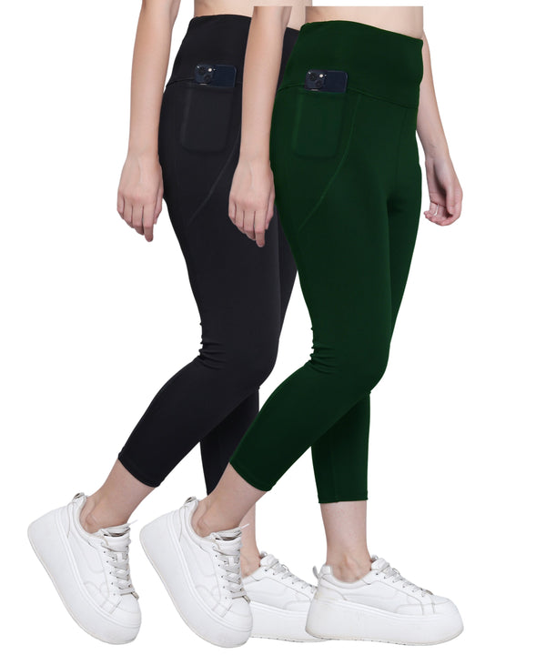 MEGASKA Megaska Dry Fit Active Gym Leggings with Pockets for Women, High Waisted Tummy Control Workout Yoga Track Pants (2 Pack Combo)_Black-BottleGreen Yoga Pants | High-Quality Activewear