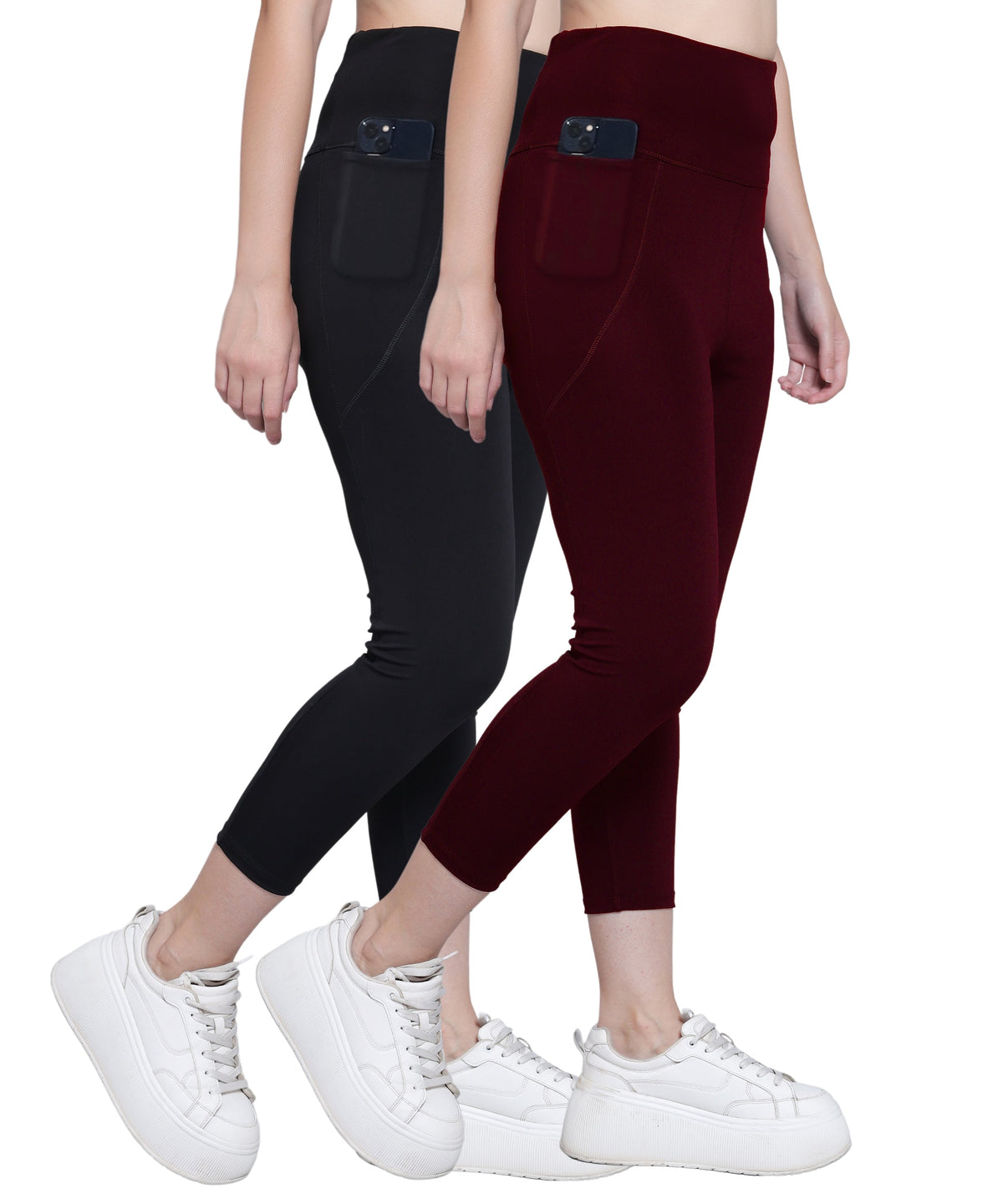 MEGASKA Megaska Dry Fit Active Gym Leggings with Pockets for Women, High Waisted Tummy Control Workout Yoga Track Pants (2 Pack Combo)_Black-Wine Yoga Pants | High-Quality Activewear