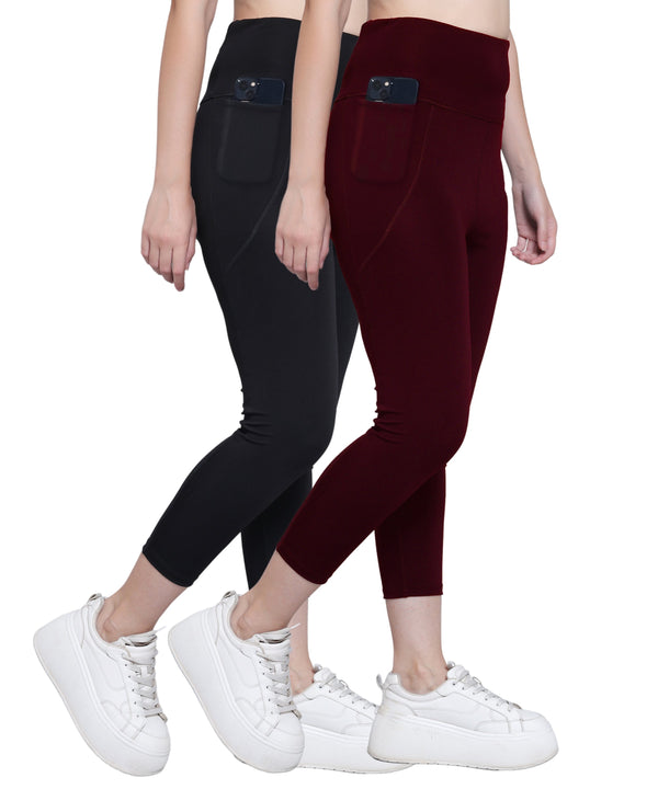 MEGASKA Megaska Dry Fit Active Gym Leggings with Pockets for Women, High Waisted Tummy Control Workout Yoga Track Pants (2 Pack Combo)_Black-Wine Yoga Pants | High-Quality Activewear