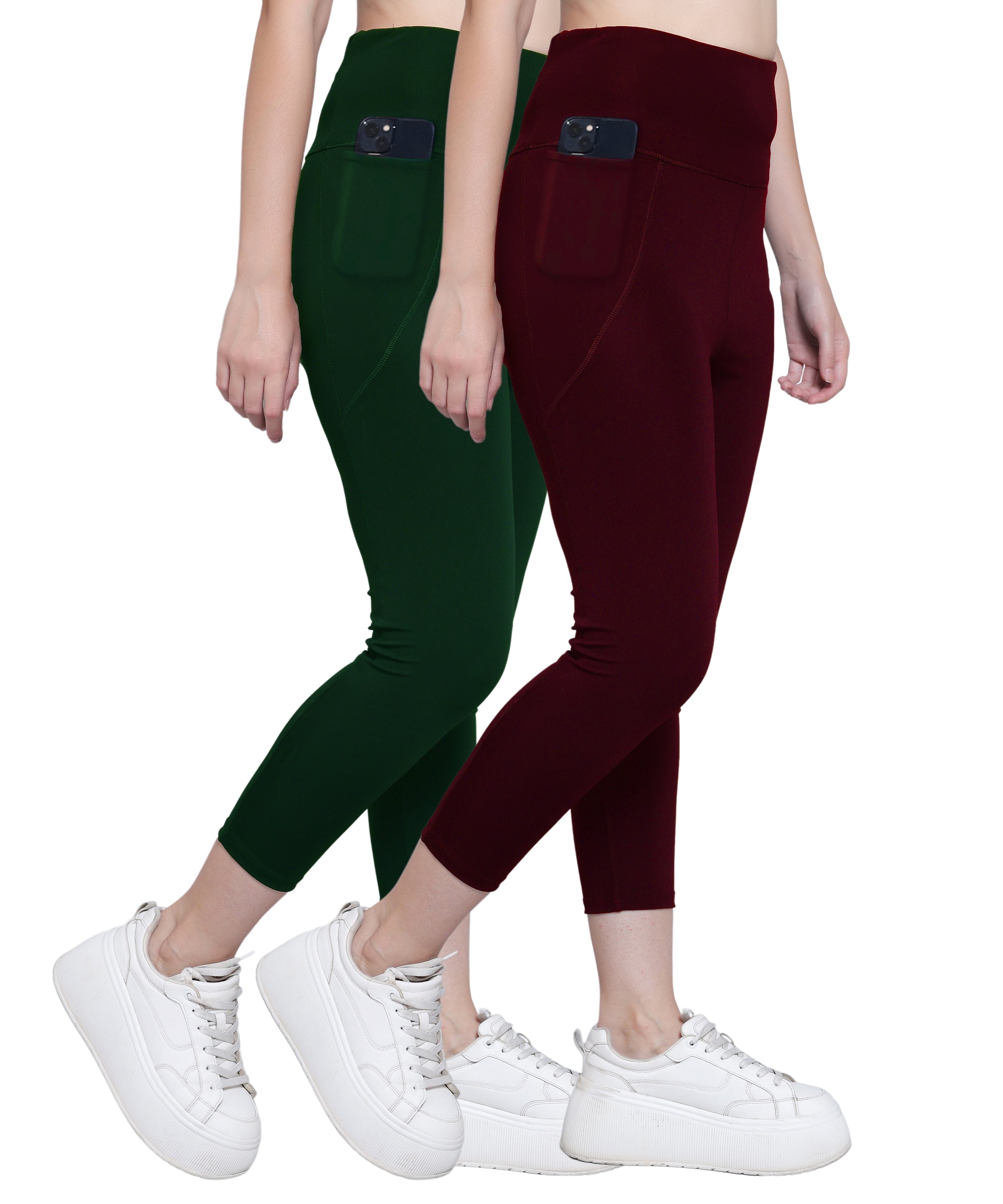 Megaska Dry Fit Active Gym Leggings with Pockets for Women, High Waisted Tummy Control Workout Yoga Track Pants (2 Pack Combo)_BottleGreen-Wine