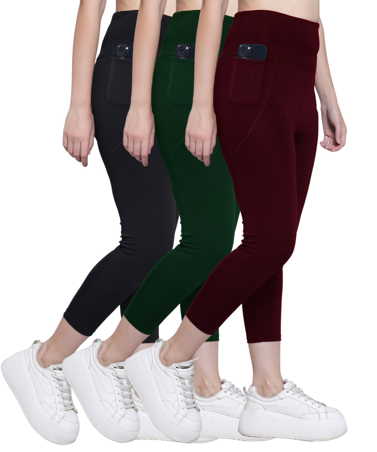 MEGASKA Megaska Dry Fit Active Gym Leggings with Pockets for Women, High Waisted Tummy Control Workout Yoga Track Pants (3 Pack Combo)_Black-BottleGreen-Wine Yoga Pants | High-Quality Activewear