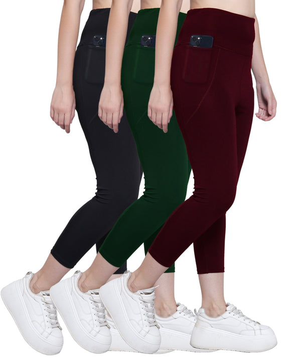 MEGASKA Megaska Dry Fit Active Gym Leggings with Pockets for Women, High Waisted Tummy Control Workout Yoga Track Pants (3 Pack Combo)_Black-BottleGreen-Wine Yoga Pants | High-Quality Activewear