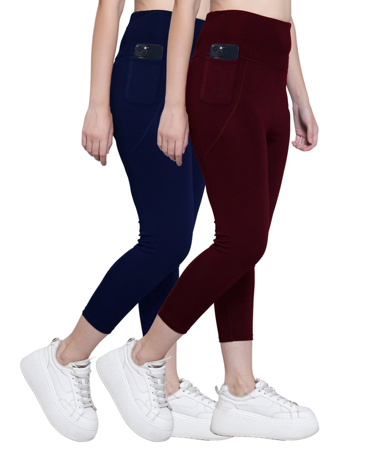 MEGASKA Megaska Dry Fit Active Gym Leggings with Pockets for Women, High Waisted Tummy Control Workout Yoga Track Pants (2 Pack Combo)_NavyBlue-Wine Yoga Pants | High-Quality Activewear
