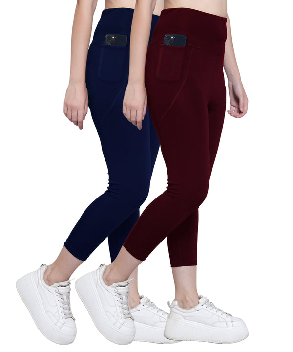 MEGASKA Megaska Dry Fit Active Gym Leggings with Pockets for Women, High Waisted Tummy Control Workout Yoga Track Pants (2 Pack Combo)_NavyBlue-Wine Yoga Pants | High-Quality Activewear