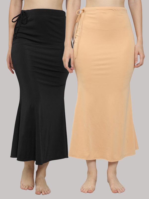 MEGASKA MEGASKA Women Lycra Seamless Fishcut Petticoat Skirt Saree Shapwear Combo (Pack of 2)_Black_Beige Saree Shapewears | High-Quality Activewear