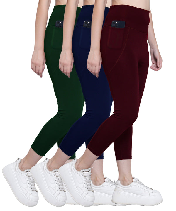 MEGASKA Megaska Dry Fit Active Gym Leggings with Pockets for Women, High Waisted Tummy Control Workout Yoga Track Pants (3 Pack Combo)_BottleGreen-NavyBlue-Wine Yoga Pants | High-Quality Activewear
