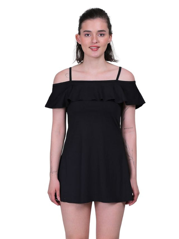 2 Piece Retro Padded ruffled off shoulder adjustable straps Swimdress  with Swim Shorts