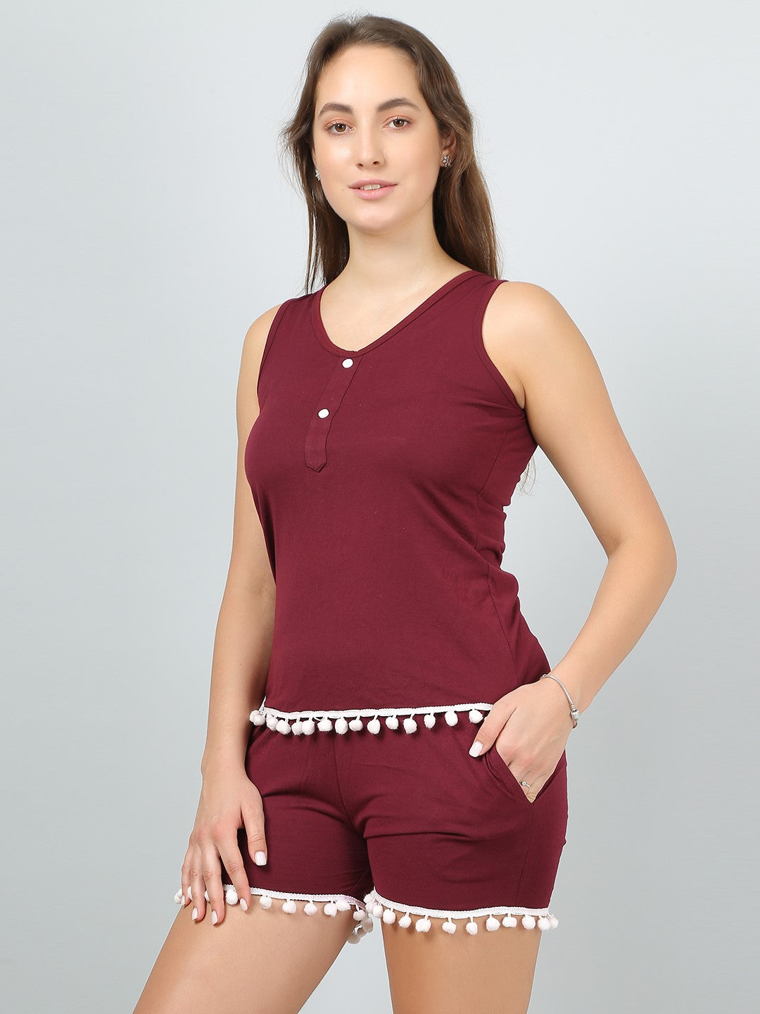 MEGASKA Women's Cotton Loungewear Top with Short Set_Maroon