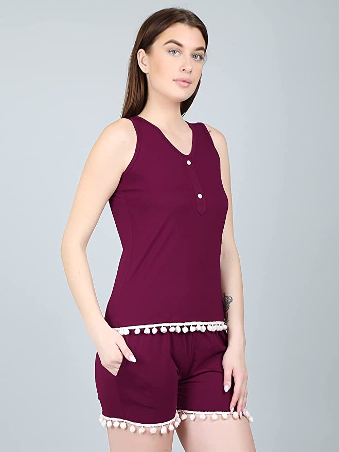 MEGASKA Women's Cotton Loungewear Top with Short Set_Wine